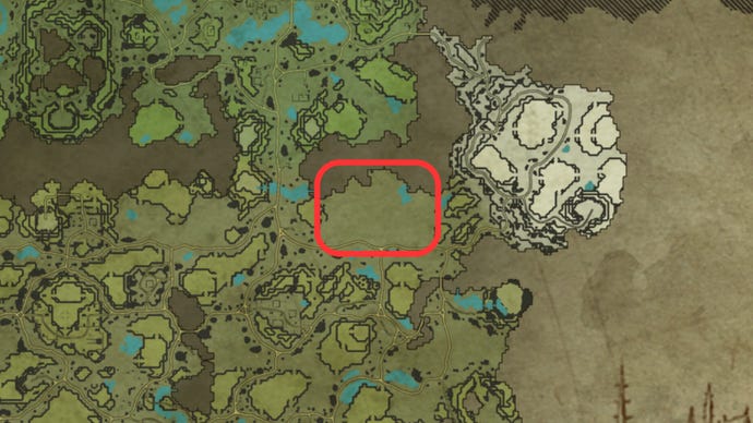 Part of the map of V Rising, with the location of a great base building spot highlighted in the east of the Farbane Woods.