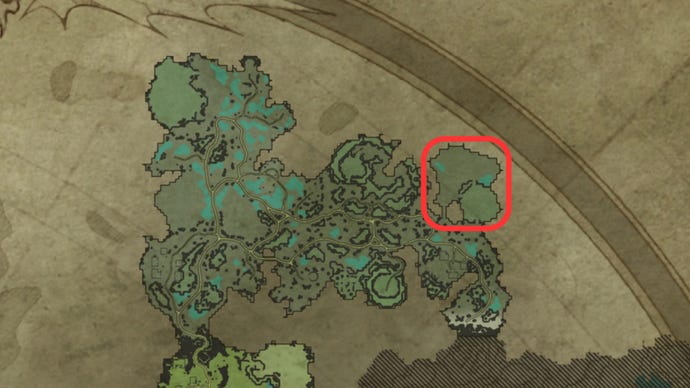 Part of the map of V Rising, with the location of a great base building spot highlighted in the east of the Cursed Forest.