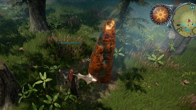 The player in V Rising prepares to mine copper from a rock.