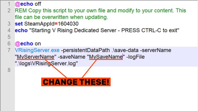 A screenshot of the "start_server_example.bat" file within the V Rising Dedicated Server tool, with the sections you need to alter to set up your own server highlighted.