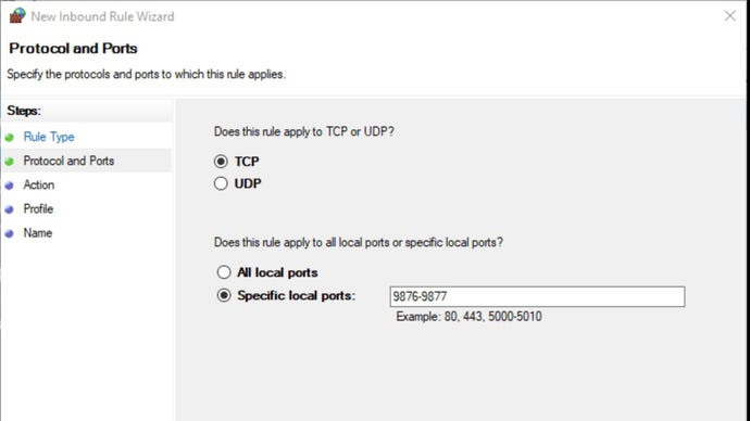 A screenshot of part of the process for creating a new inbound rule to let ports 9876-9877 through the Windows Firewall.