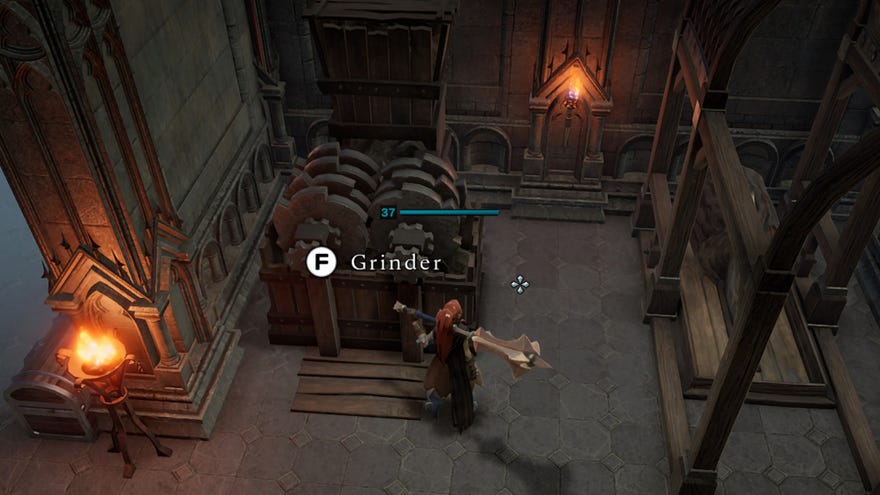 The player in V Rising interacts with a Grinder inside their castle.