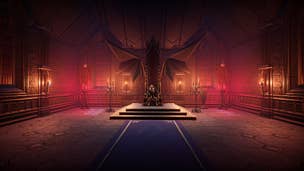 V Rising, A Vampire is sitting on a throne in the middle of a room lit by candles, a red carpet is leading up to the throne in the center
