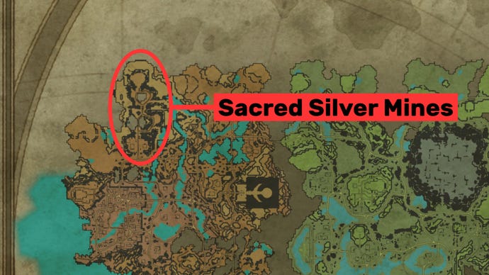 A screenshot of part of the map of V Rising, with the location of the Sacred Silver Mines marked.