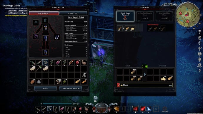 A screenshot from V Rising, with the player's inventory on the left and the interaction panel for the Sawmill building on the right.