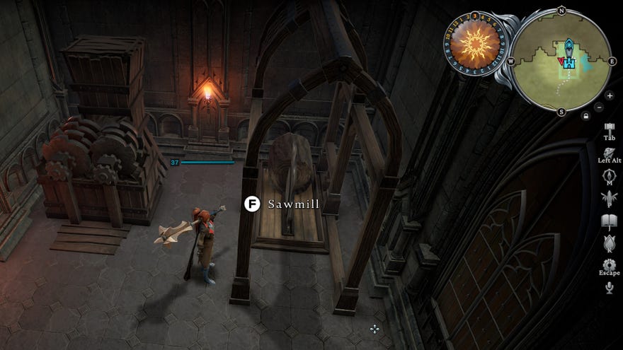 The player in V Rising interacts with a Sawmill inside their castle.