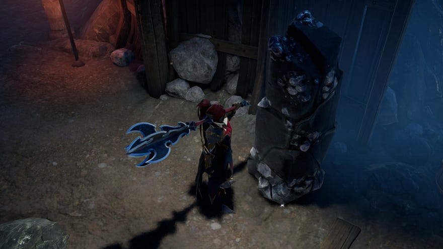The player in V Rising stands next to a Silver Ore vein in the Sacred Silver Mines.