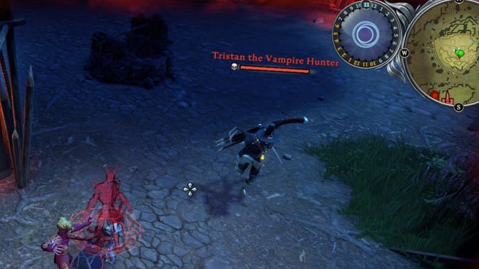 A screenshot from V Rising showing the boss Tristan The Vampire Hunter approaching two players. The skull above Tristan's head indicates that they are far above the current Gear Score of the player.