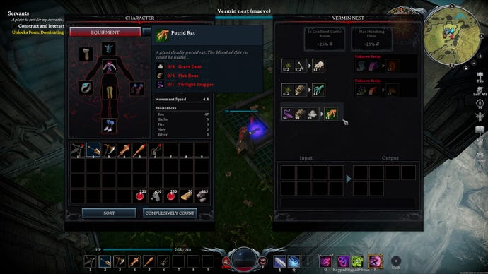 A screenshot from V Rising, with the player's inventory on the left and the interaction panel for the Vermin Nest on the right. The recipe for summoning the Putrid Rat is highlighted.