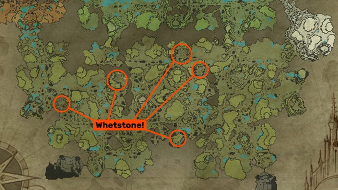 En karta över Farbane -skogen i V Rising, med platserna där du kan hitta Whetstone cirklade i orange