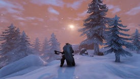 A Valheim screenshot of a player standing with their back to the camera, wielding a Battleaxe and looking out into a Mountains biome.
