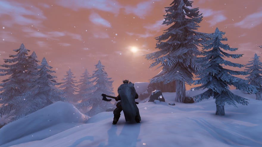 A Valheim screenshot of a player standing with their back to the camera, wielding a Battleaxe and looking out into a Mountains biome.