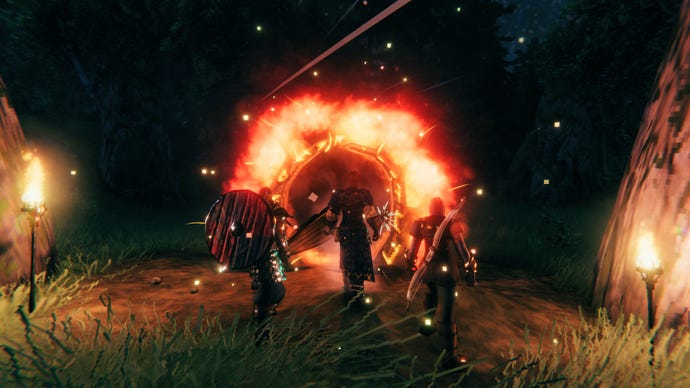 A Valheim screenshot of three armed and armoured players looking into a Portal.