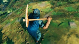 A Valheim screenshot of a player with an Antler Pickaxe standing atop a Copper boulder.