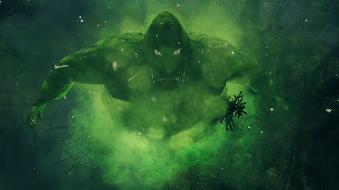 Zrzut ekranu Valheim Bonemass, trzeci szef, stojący w chmurze własnego zielonego trującego gazu