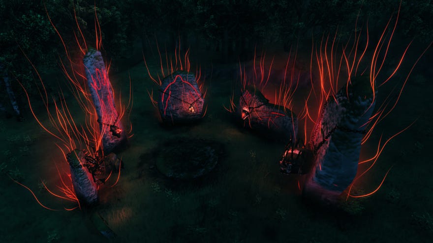 A Valheim screenshot of the circle of stones at spawn, lit up with the Trophies of the five Forsaken bosses.