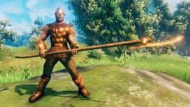 A Valheim screenshot of a player clad in full Bronze Armor, wielding a Bronze Atgeir.