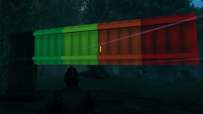 A Valheim screenshot of several connected wooden walls, each one displaying a different structural stability colour.