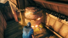 A Valheim screenshot of the player standing in front of a Fermenter at work.