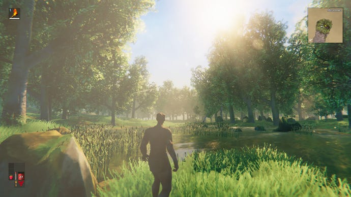 A Viking stands in the low-res forest of survival game Valheim, looking out across a small lake as the sun flashes across the screen.
