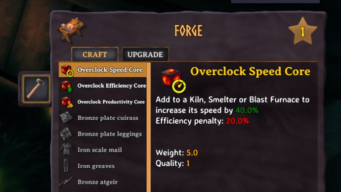 A screenshot of the Surtling Core Overclocking mod which shows the Overlock Speed Core in the crafting menu. It increases speed but at the cost of efficiency.