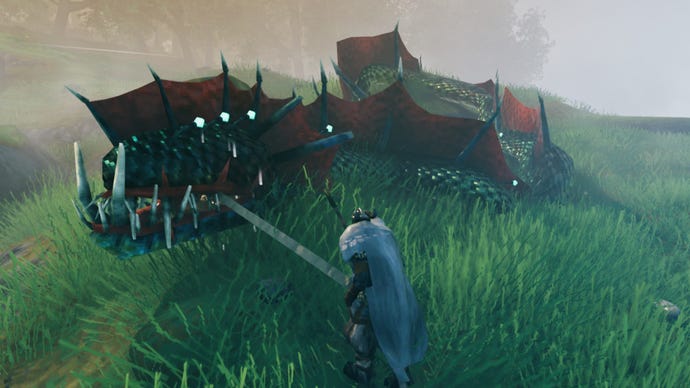 A Valheim screenshot of a Serpent being dragged by a player using the Abyssal Harpoon.