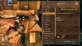 A Valheim screenshot of a Workbench on the left with the crafting screen on the right showing various items that can be crafted with the Workbench.