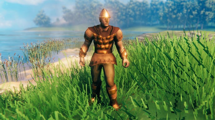 A player in Valheim stands on a Meadows coast and faces the camera wearing Bronze armour.