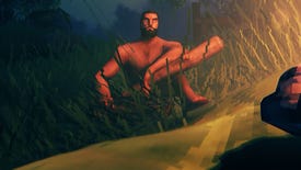 A character in survival game Valheim sitting by a campfire at night