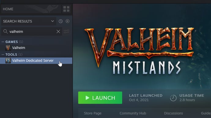 Steam庫的屏幕截圖，並突出顯示了Valheim專用服務器工具。
