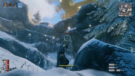 Valheim - The player stands in the snowy mountain biome and aims a drawn bow at a flying Drake