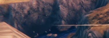 Valheim - A very small teaser image of the Hearth And Home update that appears to be a ravine with water at the bottom and some loot object that can be picked up.