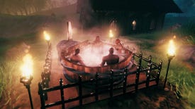 Vikings hanging out in a Valheim hot tub.