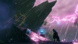 Valheim Mistlands update - a player works their way along a narrow stone bridge to jagged rocks amid rain and purple lightning
