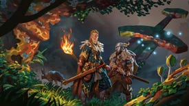 Valheim Mistlands key art which shows two vikings venturing into an uncharted forest. One holds a torch, the other looks at a hare, while a massive sword lies stuck in the earth behind them.