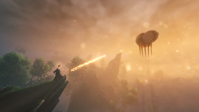 A player fires a fire missile at a tick blimp in Valheim Mistlands.