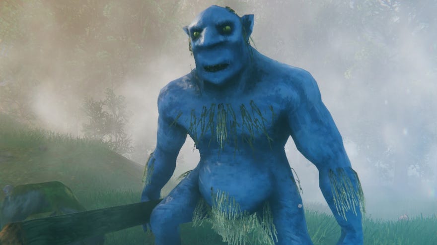 Valheim - An image of the new look for trolls. The large, blue-skinned creature now has grassy chest hair and better muscles.
