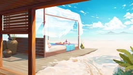 Colourful artwork of Valorant's new beach-side map, Breeze. There's a big comfy-looking sunlounger, I doubt we'll get to use that in the game though.