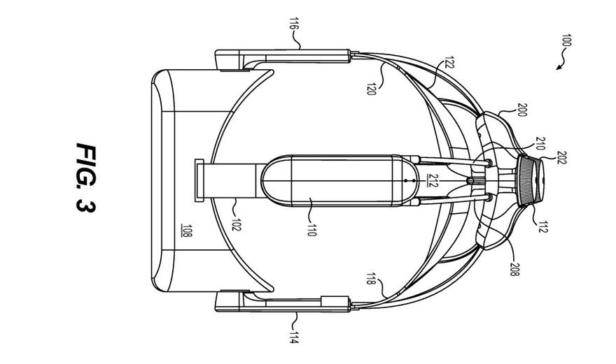 A top-down line drawing of a VR headset from a patent filing by Valve.