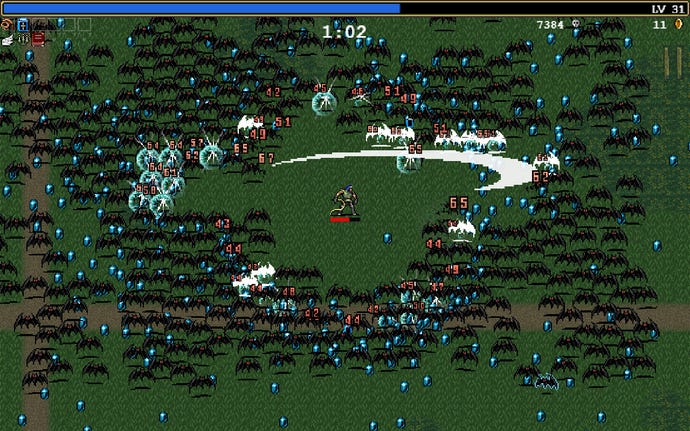 A screenshot of Vampire Survivors showing the player standing in a field surrounded by hundreds of bats.