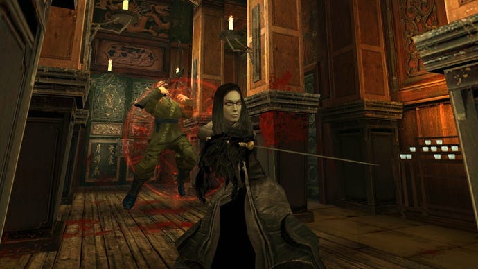 A woman holds a sword in a samurai pose while a solider floats in a magic chokehold behind her in Vampire: The Masquerade - Bloodlines