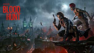 Vampires perched on a roof, with the Bloodhunt logo in the foreground