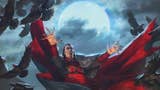 A vampire framed by a large full moon, with arms outspread towards the camera, red cloak billowing, and a flock of ravens around them.
