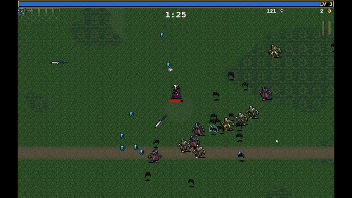 A warrior throws spears at lots of monsters in a grassy plain in Vampire Survivors