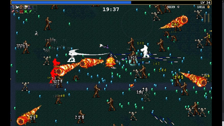 Chaos reigns in Vampire Survivors, with fireballs, monsters and gems flooding the screen