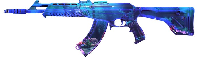 One of the new underwater gun skins from Valorant, it's very blue and has some fish swimming around in it.