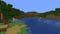 A screenshot of a river in Minecraft, with some trees on either side of the bank and a hill in the distance.