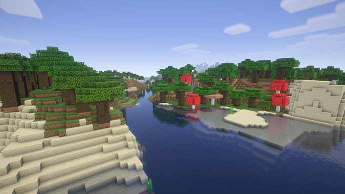 A river in Minecraft which cuts through a roofed forest biome.