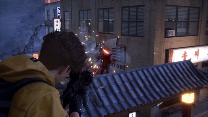 A player shoots an enemy on a rooftop in a Veiled Experts trailer.