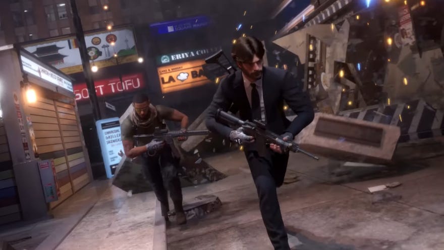 Two players holding assault rifles run from a collapsing building in a trailer for Veiled Experts.